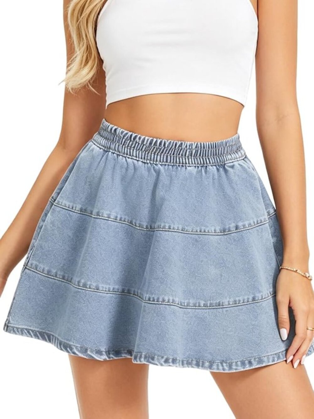 Denim High-Waist A-Line Flared Mini Skirt with Pockets